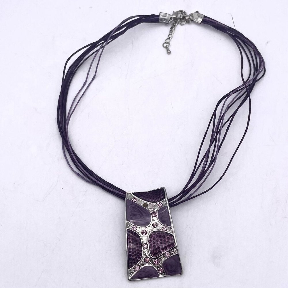 Barcelona Cord Pendant Enamel Necklace Rhinestone Lobster Closure Adjustable 17"